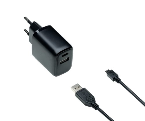Adaptador de carga USB PD/QC 3.0 con cable micro USB de 20 W, 3,6 V~5,9 V/3 A; 6~9 V/2 A; 9 V~12 V/1,5 A, negro, caja DINIC con euroagujero, 2 m